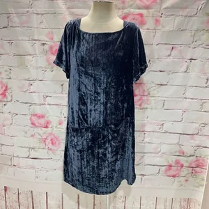 Floreat Anthropologie Women's Square Neck Short Sleeve Blue Velvet Shift Dress S thumbnail 4