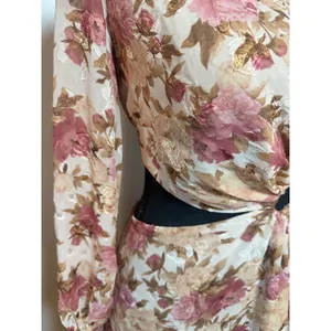 En Saison Floral Jacquard Cut Out Midi Dress Pink Tan Long Balloon Sleeve Resort thumbnail 3