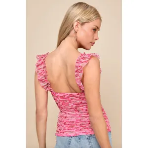 Lulus Flirtatious Sweetness Hot Pink Floral Ruched Ruffled Tank Top Small NWT thumbnail 2