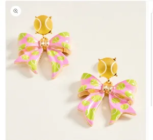 Tennis Ball Pink Bow Drop Dangle Earrings thumbnail 1