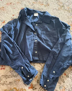 OFFLINE by Aerie Navy Blue Cropped Button Down Cotton Shirt Medium thumbnail 1