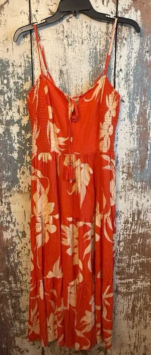 Angie Orange Cream Floral Maxi Dress, smocked bodice, crisscross tie back Medium thumbnail 1
