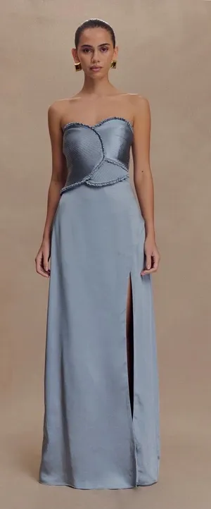 Meshki Larissa Satin Maxi Dress With Ruched Petals in Frosted Blue thumbnail 1