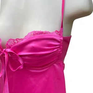 Hot Pink Satin Lace Slip Mini Dress NWT Size Small Ruched Spaghetti Strap Party thumbnail 8