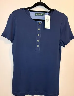 Lauren Ralph Lauren Navy Henley Tee Shirt Small NWT thumbnail 1