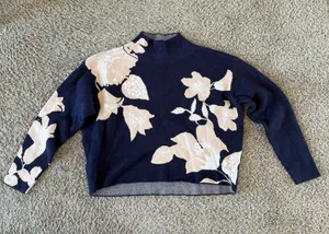 Maeve Floral Mock-Neck Women's Sweater in Navy and Cream thumbnail 1
