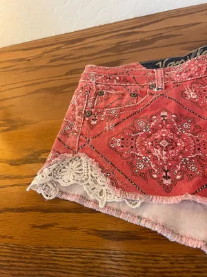 Vanilla Star Coral Red Bandana Print Denim Shorts with Lace Trim thumbnail 2