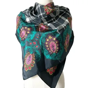 Diane Von Furstenberg 100% Silk Scarf Black Multicolor Paisley Plaid Luxury thumbnail 2