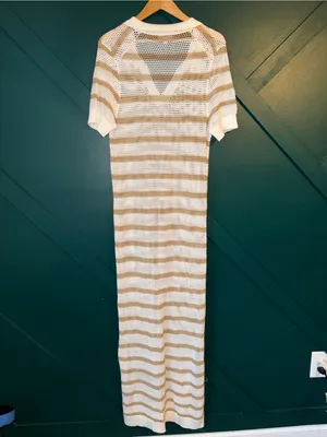 Chic White & Tan Striped Crochet Knit Maxi Cover-Up Dress Collared Beach Resort thumbnail 3