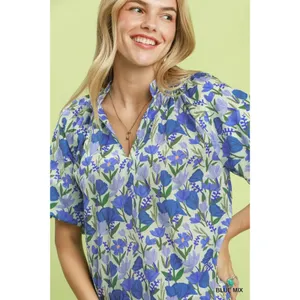 Umgee Floral Puff Sleeve Blouse with Scalloped Details‎ - Medium thumbnail 5