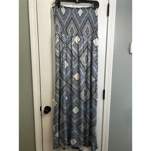 Cato XL Strapless Maxi Dress Blue Black Geometric Smocked Boho Stretch thumbnail 8
