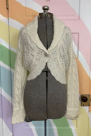 Rare Vintage Y2K Mohair & Wool LOFT Pointelle Crop Bolero Cardigan Sz L 💛🎀 thumbnail 1
