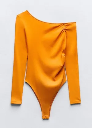 Zara Womens Orange One Shoulder Ruched Long Sleeve Bodysuit Small Asymmetrical thumbnail 1