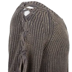 Umgee Chunky Knit‎ Sweater Women's Medium Mineral Wash Lace-Up Shoulder Grunge thumbnail 6