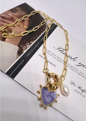 Gold Purple Heart charm necklace with freshwater pearl charm thumbnail 1
