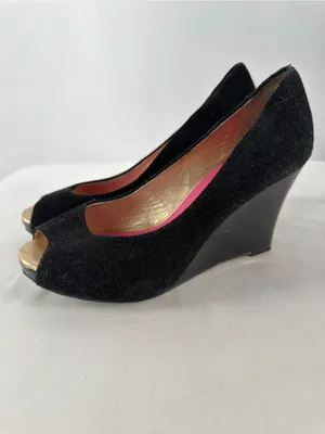 Lilly Pulitzer Suede Peep Toe Wedge Slip On Heels in‎ Black Size 7 thumbnail 5