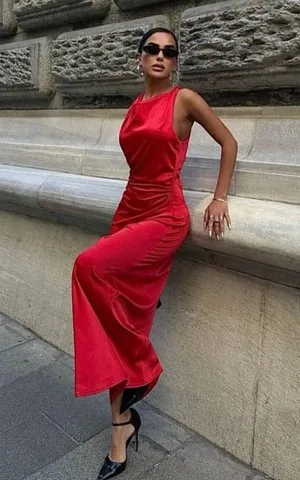 ZARA dress Maxi Red satin Lingerie Fitted wedding Party thumbnail 5
