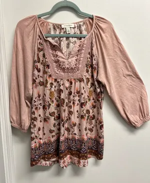 Vintage America Pink Floral Boho Peasant Style Tunic Blouse thumbnail 1
