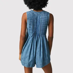 Free People Womens Romper Blue Webster Denim V Neck Relaxed Pleated Jean Medium thumbnail 4
