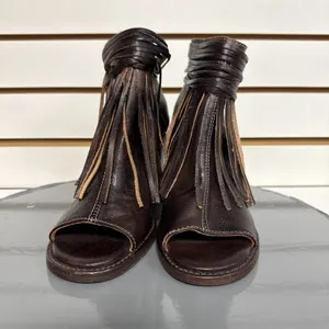 Bed Stu Onset Olivia Women's 6.5 Peep Toe Fringe Booties Brown Leather Heel Boho thumbnail 5