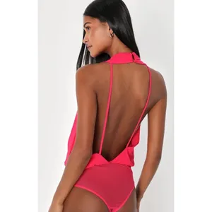 NWT‎ Lulus Fuchsia Pink Plunging Halter Neck Bodysuit L Party Holiday Resortwear thumbnail 2