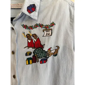 Karen Scott Button Down Shirt Blue M Women Christmas Dogs Embroidered Chambray thumbnail 4