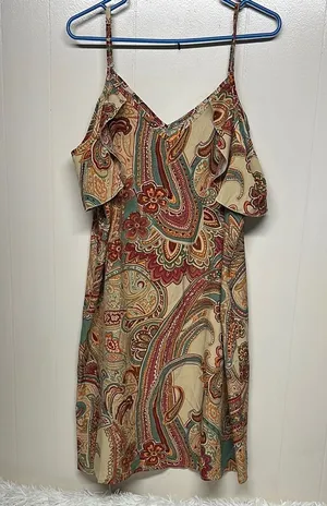 Red and Orange Ruffled Tiered Sundress with Cold Shoulder thumbnail 1