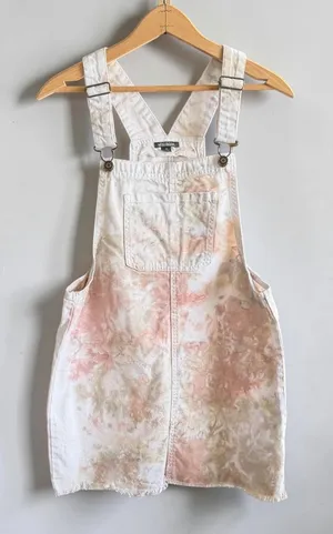 Wild Fable Tie‎ Dye Denim Overall Pinafore Dress Peach Olive Green Mini Medium thumbnail 1