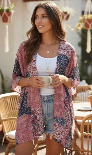 Altar’d State Boho Patchwork Sheer Kimono Topper Paisley Tassel Cardigan Size M thumbnail 1
