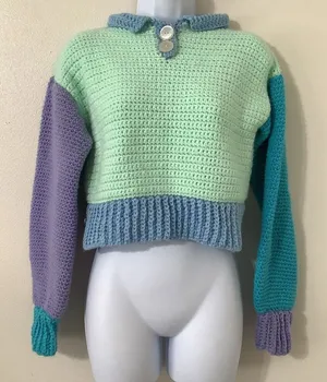 Handknit Colorblock Sweater‎ Size XS Cropped Preppy Pastel Knitted Unique Autumn thumbnail 1