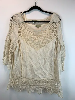 Democracy crochet 3/4 sleeve sz L whimsical boho resort vacation sheer indie thumbnail 1