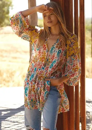 Anthropologie Maureen Babydoll Tunic Blouse Sheer Multicolor Floral Paisley M thumbnail 2