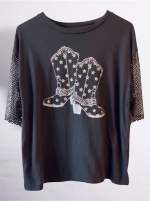 Black Western Rhinestone Graphic Top Metal Mesh Sleeves Country Medium thumbnail 1