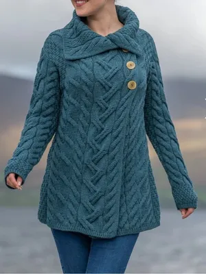 Aran Woollen Mills 3 Button Long Supersoft Merino Wool Cableknit Cardigan Blue thumbnail 9