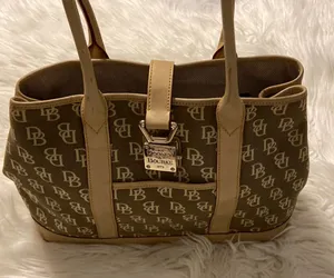 Vintage Dooney & Bourke Logo Bag Brown Beige Bag Fabulous size 16” long 10” W thumbnail 1