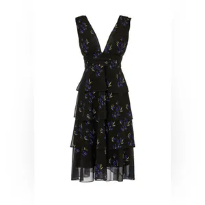 AMUR Fionna Tiered Ruffle Sleeveless‎ Midi Dress Black Floral Women's Size 6 thumbnail 3