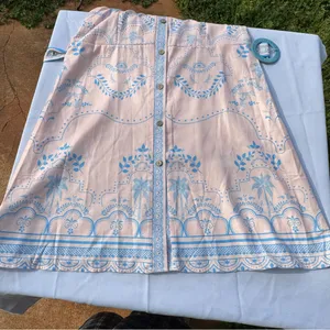 YOZY Pink Blue Palm Print Shirt Dress Belted Linen Blend Size L (8-10) thumbnail 11