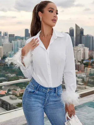 Shein Button Down Shirt with Feather Trim  thumbnail 1