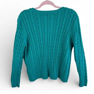 Lands' End Womens XL Teal Green 100% Cotton Cable Knit Shoulder Button Sweater thumbnail 2