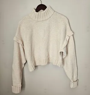 Urban Outfitters Sweater Cozy Cream Turtleneck Ruffle Cropped Neutral Chenille thumbnail 10