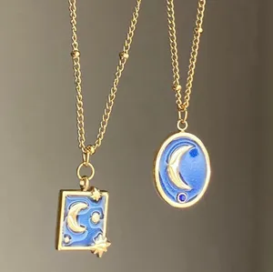 Handmade gold stainless steel blue celestial whimsical chic moon necklace🌟 thumbnail 7