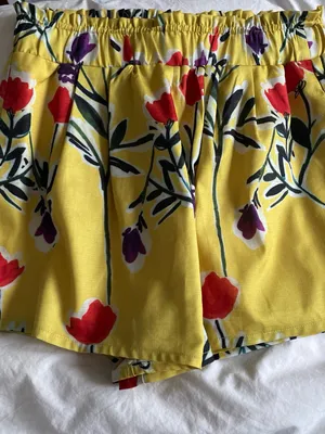 Luxxel Yellow Floral Elastic-Waist Shorts with Red & Purple Flowers thumbnail 2