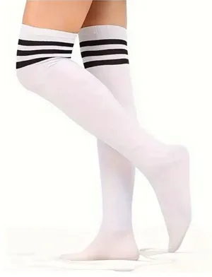 White Thigh-High Socks With Black 3-Stripe Over-Knee-One Size thumbnail 1