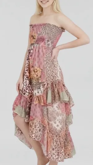 Life Boho Patchwork Ruffle Convertible Dress/Skirt Blush Multi L Pink Size L thumbnail 1