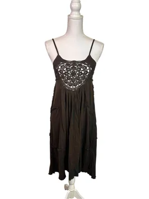 Free People Boho Lightweight Cotton Crochet Bodice Gauzy Dress in Brown Size XS thumbnail 2