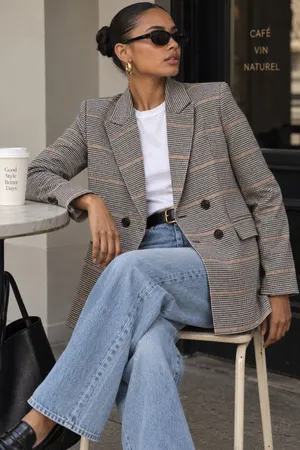 Mango Houndstooth Plaid Double Breasted Blazer Heritage Prep M thumbnail 1
