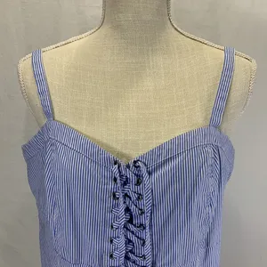 Striped Blue and White Poplin Lace Up Corset Tank Top Size 1X thumbnail 3