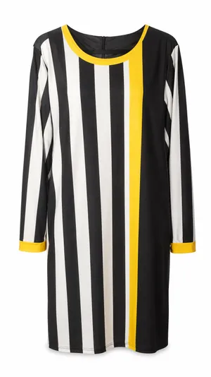 Women's Black & White Stripe Shift Dress with Yellow Trim thumbnail 4