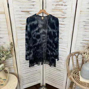 XCVI Women's L Cotton Fringe Open Crochet Knit Cardigan Sweater Bleached Tie Dye thumbnail 12