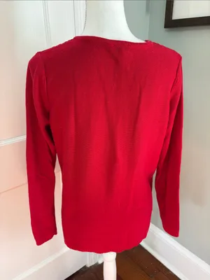 Talbots Bright Red V-Neck Cable Knit Sweater 100% Cotton Size Small thumbnail 4